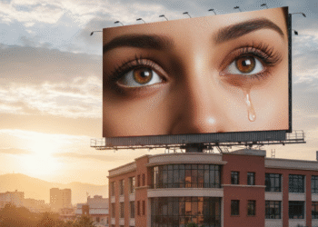big creepy billboard with big eyes and ashes floating around