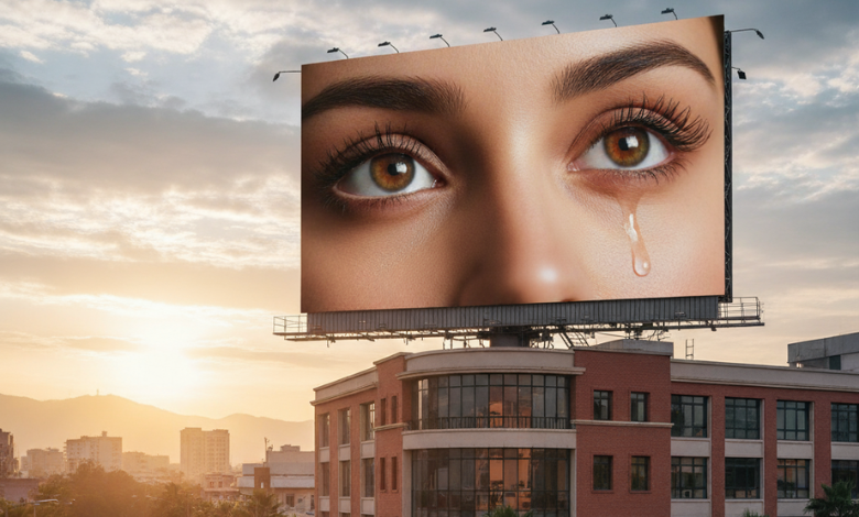 big creepy billboard with big eyes and ashes floating around